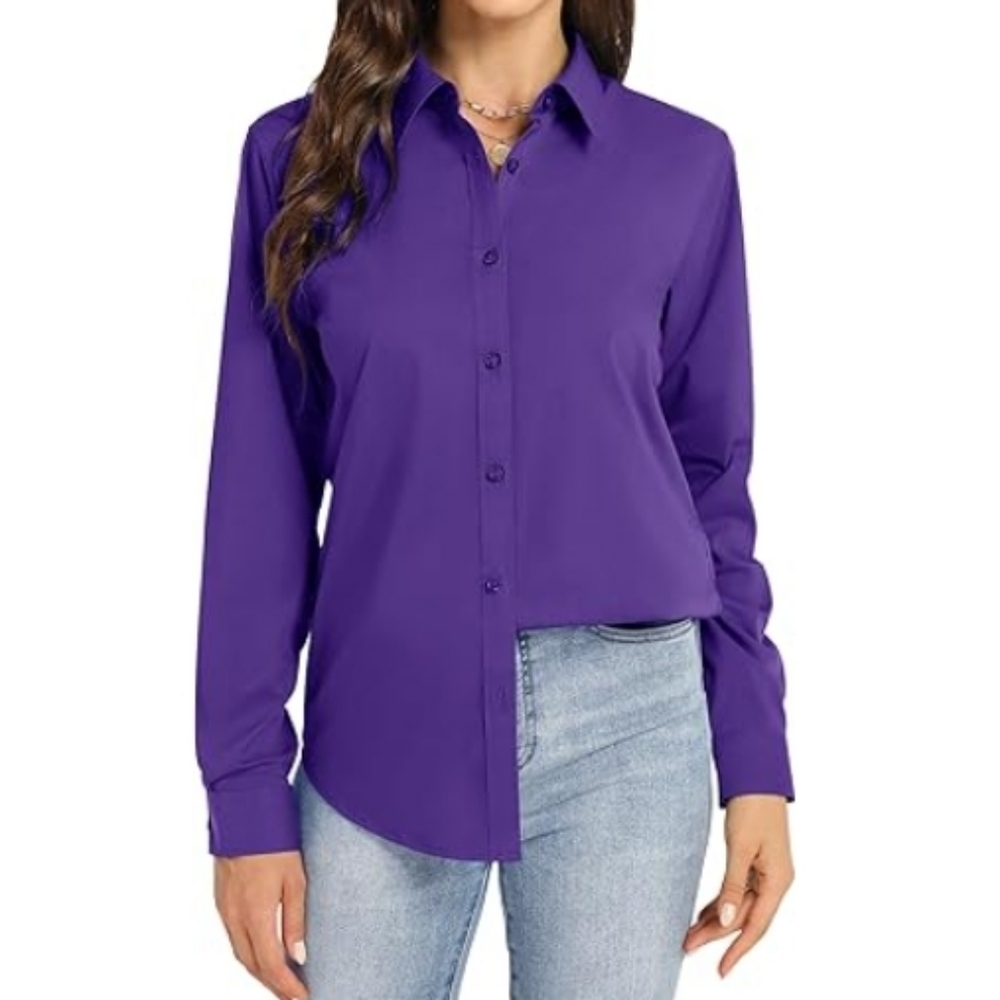 Button Down Long Sleeve Stretch Solid Work Shirt Purple